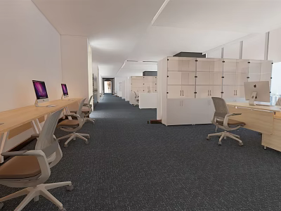 Bright Modern Public Office Space With Long Desks Computers Office Chairs And Carpet 3d model