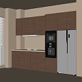 Dark Wood Kitchen Cabinets With Upper And Lower Storage Silver Refrigerator Oven And Sink