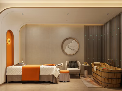 SPA Sauna Room Interior With Massage Bed Wooden Barrel Bathtub And Circular Painting 3d model