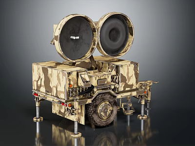 Camouflage Painted Wheeled Military Vehicle With Large Dual Radar Antennas And Support Legs 3d model
