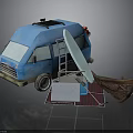 Blue Camper Van With Roof Rack Ladder Surfboard Mat And Tent