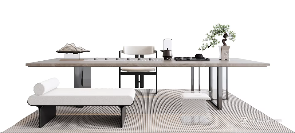 Modern Tea Table With Matching Chairs Tea Set And Decorative Green Plant 3d model 