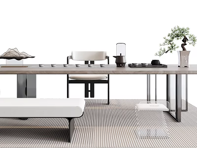 Modern Tea Table With Matching Chairs Tea Set And Decorative Green Plant 3d model