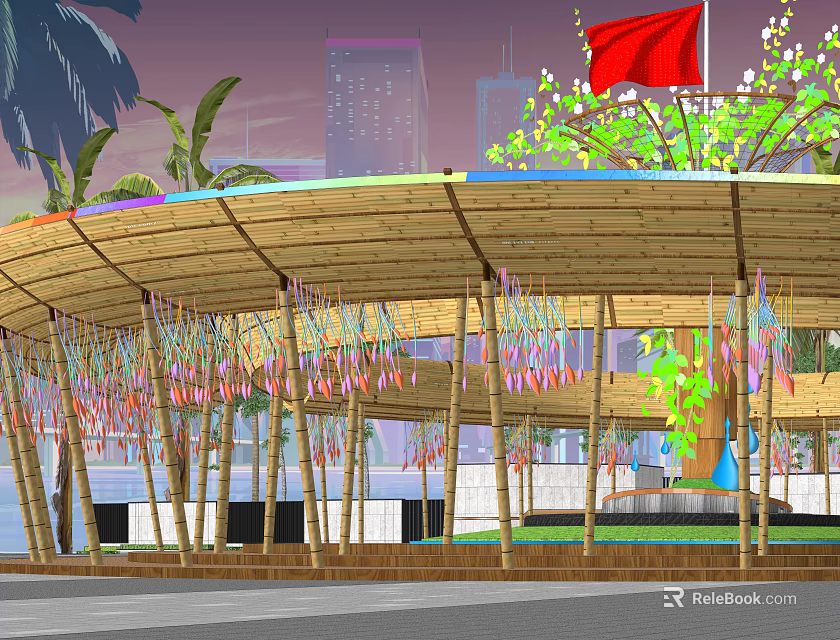 Bamboo Pergola with Colorful Hanging Decorations Surrounded by Trees and Urban Skyline 3d model 