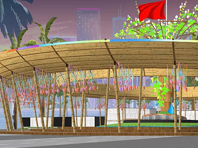 Bamboo Pergola with Colorful Hanging Decorations Surrounded by Trees and Urban Skyline 3d model