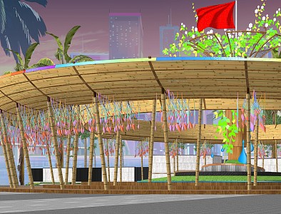 Bamboo circular arc wave shape park gallery pavilion 3d model