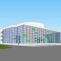 Modern Theater Building Exterior With Glass Curtain Wall Green Roof And Parking Area