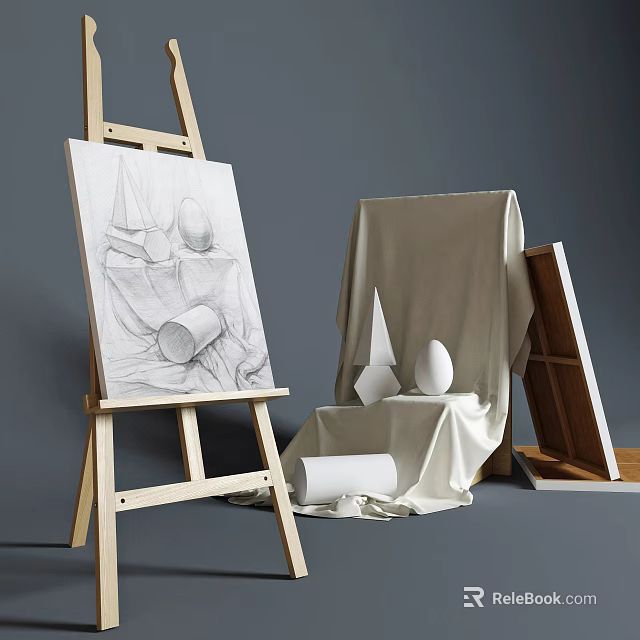 Art Supplies Display on Easel with Canvas Pencil Sketch and Still Life Objects 3d model 