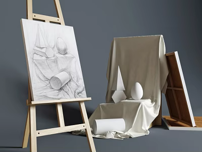 Art Supplies Display on Easel with Canvas Pencil Sketch and Still Life Objects 3d model