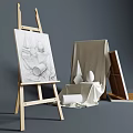 Art Supplies Display on Easel with Canvas Pencil Sketch and Still Life Objects