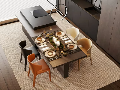Modern Dining Table Set With Four Chairs Tableware Candles And Dark Cabinets 3d model
