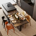 Modern Dining Table Set With Four Chairs Tableware Candles And Dark Cabinets 3d model