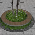 Circular Tree Pit With Wooden Bench And Green Plants On Gray Paved Ground