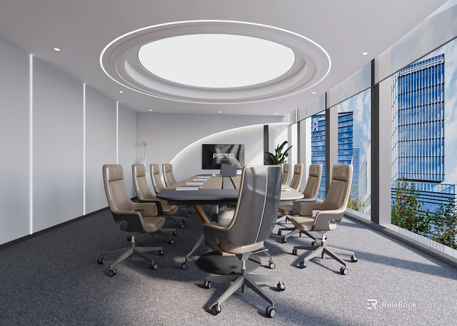 Modern Meeting Room With Circular Ceiling Large Windows Conference Table Office Chairs And Green Plants 3d model 