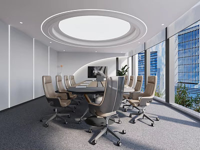 Modern Meeting Room With Circular Ceiling Large Windows Conference Table Office Chairs And Green Plants 3d model