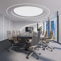 Modern Meeting Room With Circular Ceiling Large Windows Conference Table Office Chairs And Green Plants