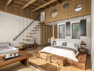 Minimalist Hotel Room Featuring Wooden Loft Circular Windows Staircase And King Bed 3d model