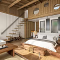 Minimalist Hotel Room Featuring Wooden Loft Circular Windows Staircase And King Bed