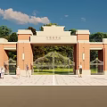 Classical Entrance Gate With Red Brick Pillars And Iron Design Structure 3d model