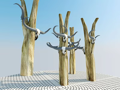 Wooden Trunks With Horned Skulls On Stone Checkerboard Ground Under Blue Sky 3d model