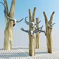Wooden Trunks With Horned Skulls On Stone Checkerboard Ground Under Blue Sky