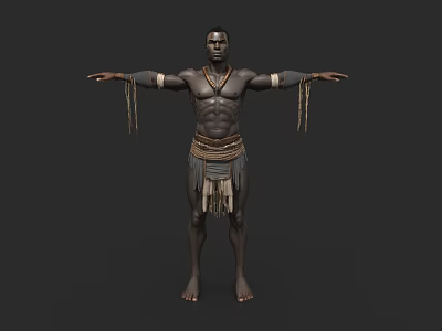 Muscular Tribal Man in Traditional Ornate Attire with Arm and Waist Fringes Standing 3d model