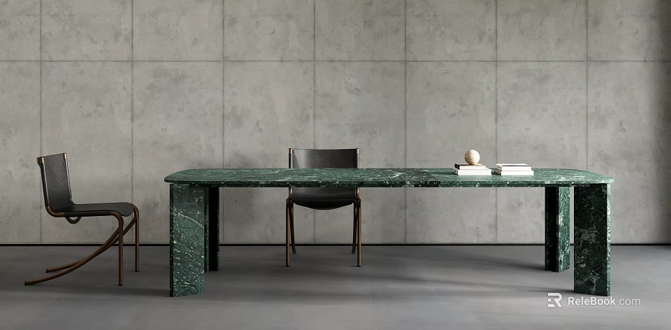 Modern Dining Table Set With Green Marble Top Black Chairs And Simple Gray Wall 3d model