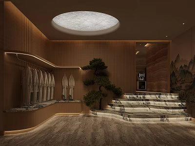 Elegant Indoor Space With Wooden Walls Circular Ceiling Light Marble Stairs And Landscape Mural 3d model
