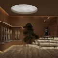Elegant Indoor Space With Wooden Walls Circular Ceiling Light Marble Stairs And Landscape Mural