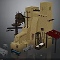 Traditional Earth Toned Building With Tower Large Water Wheel Red Roof And Stone Features