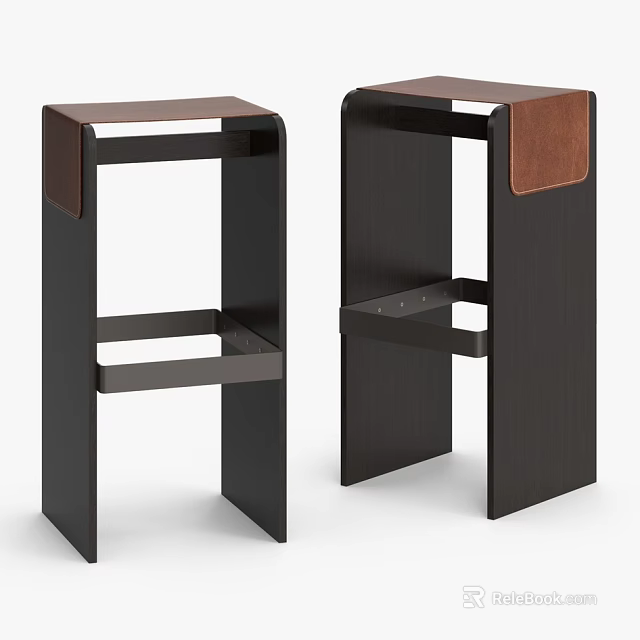 Two Modern Bar Stools With Wooden Frame And Brown Leather Seat 3d model
