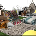 Camping Campground with Starry Sky Outdoor Movie Screen Tents Lawn String Lights Bonfire and Cushions