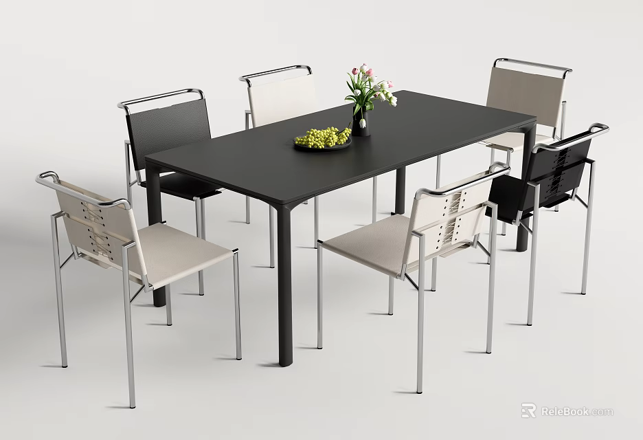 Modern Dining Table Set With Black Table Light Chairs Metal Legs And Flower Vase 3d model 