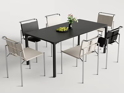 Modern Dining Table Set With Black Table Light Chairs Metal Legs And Flower Vase 3d model