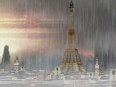 Eiffel Tower In Rainy Scene With Overcast Sky And Surrounding City Buildings 3d model