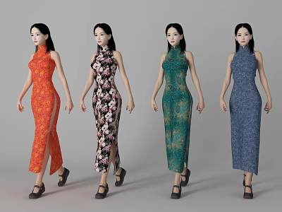 Women Wearing Traditional Cheongsam In Various Colorful Floral And Patterned Styles 3d model