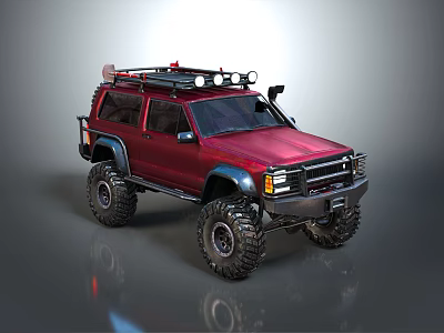 Red Off Road Vehicle With Large Tires Roof Rack And Spotlights 3d model