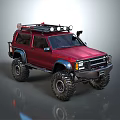 Red Off Road Vehicle With Large Tires Roof Rack And Spotlights