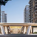 Modern High Rise Residential Building Entrance With Portico And Walkway Design