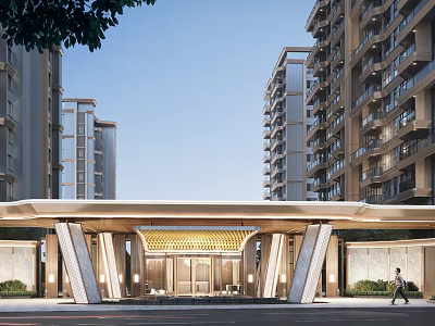 Modern High Rise Residential Building Entrance With Portico And Walkway Design 3d model