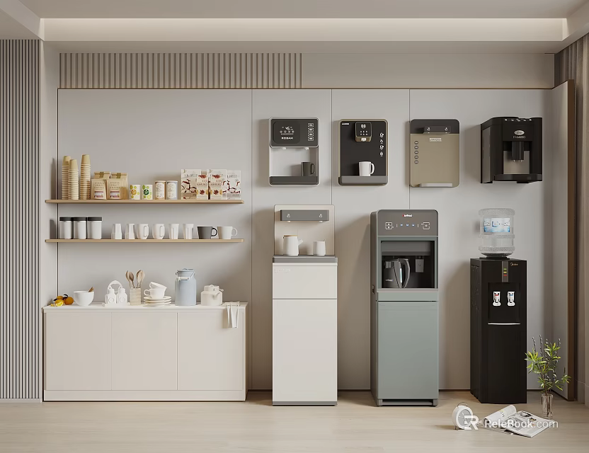 Modern Beverage Area With Coffee Machines Water Dispensers And Shelves 3d model 