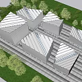Modern Commercial Street Architectural Design With Sloped Metal Roofs And Trees