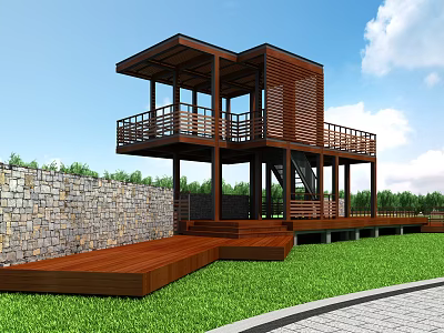 Modern Two Story Wooden House With Balcony Stone Wall And Grass Lawn 3d model