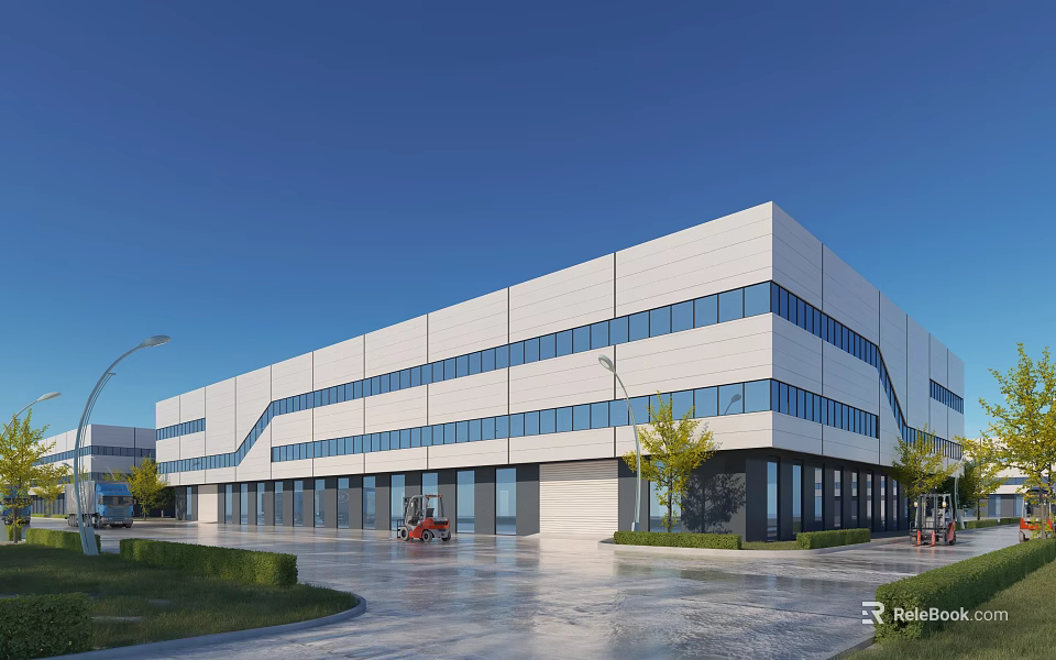 Modern Multi Storey Industrial Factory Exterior With White Facade Large Glass Windows And Green Landscaping 3d model 