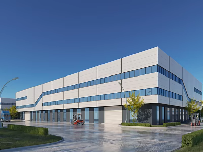 Modern Multi Storey Industrial Factory Exterior With White Facade Large Glass Windows And Green Landscaping 3d model