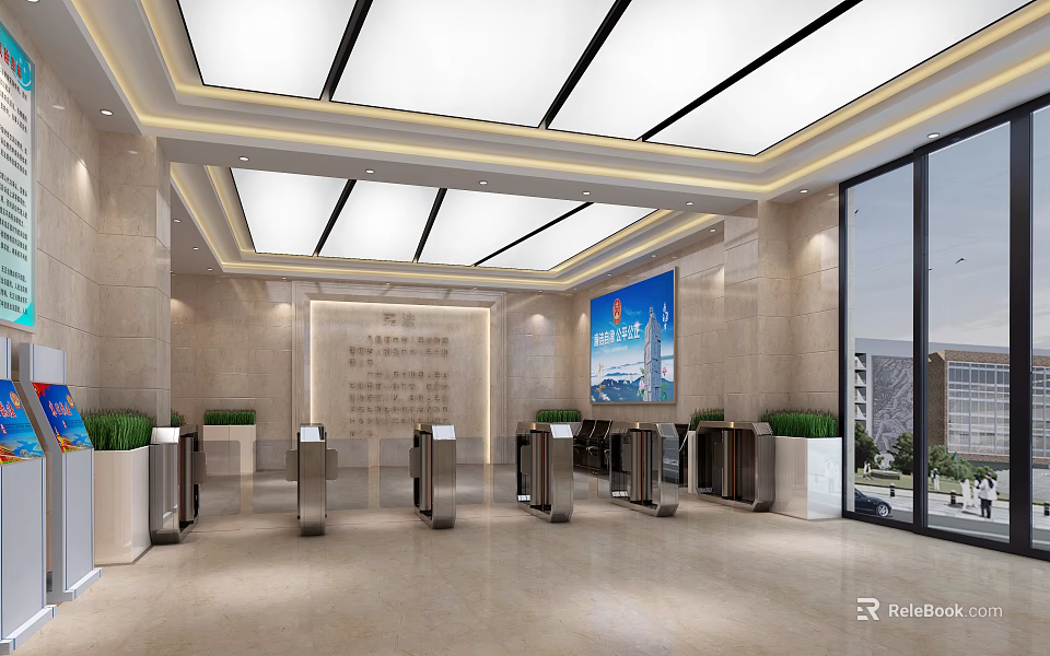 Elegant Reception Area Design With Marble Walls Glass Curtain Walls Automatic Turnstiles And Green Plants 3d model 