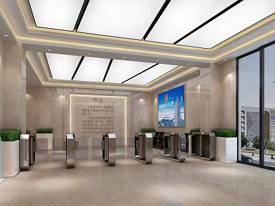 Elegant Reception Area Design With Marble Walls Glass Curtain Walls Automatic Turnstiles And Green Plants 3d model