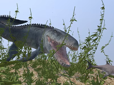 Cartoon Dinosaur Scene With Open Mouth Tall Plants And Grassy Environment 3d model