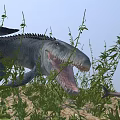 Cartoon Dinosaur Scene With Open Mouth Tall Plants And Grassy Environment