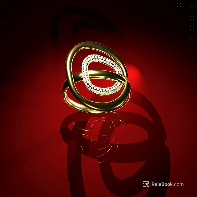 Gold Diamond Encrusted Ring With Circular Intertwined Bands On Shiny Red Background 3d model 